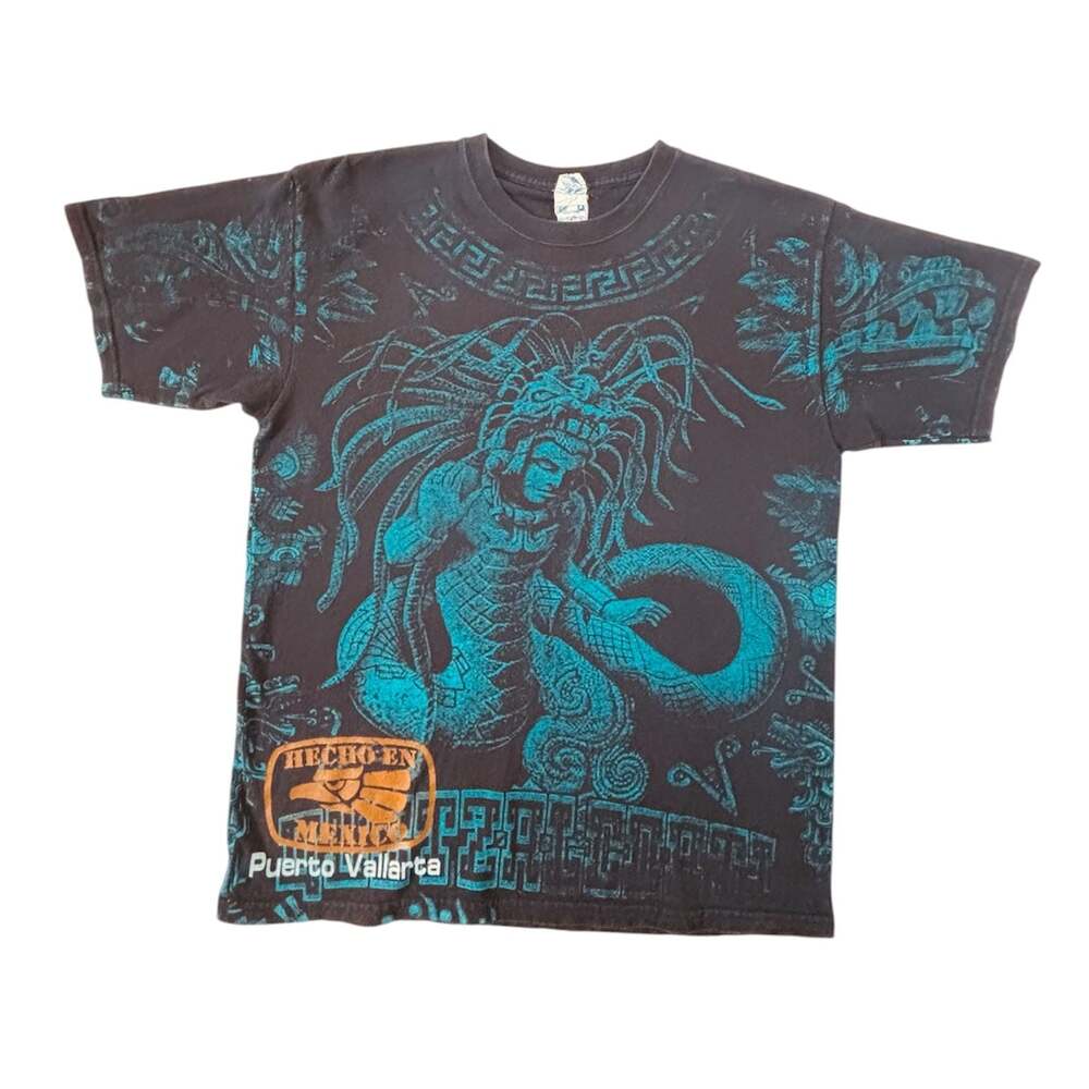 Yazbek Vintage Aztec Quetzalcoatl All Over Print Puerto Vallarta Souvenir T-Shir